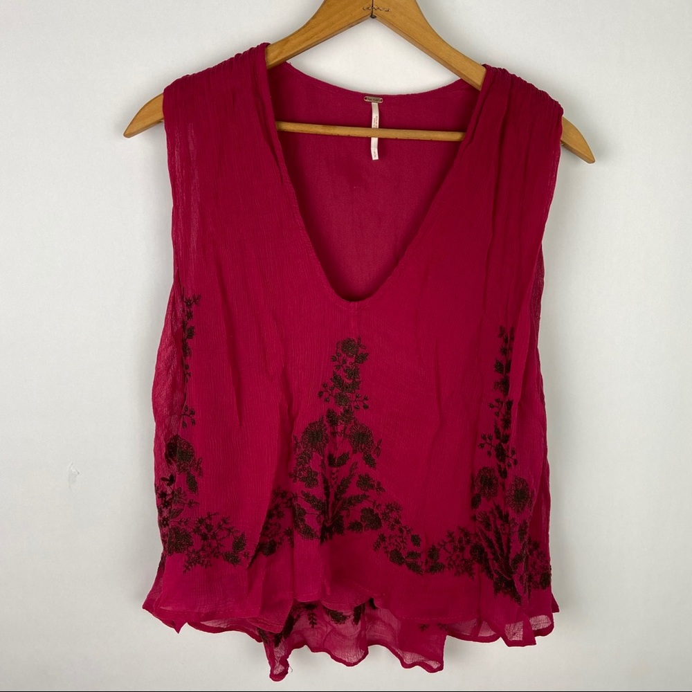 Free People Raspberry Red Embroidered Tank Top S